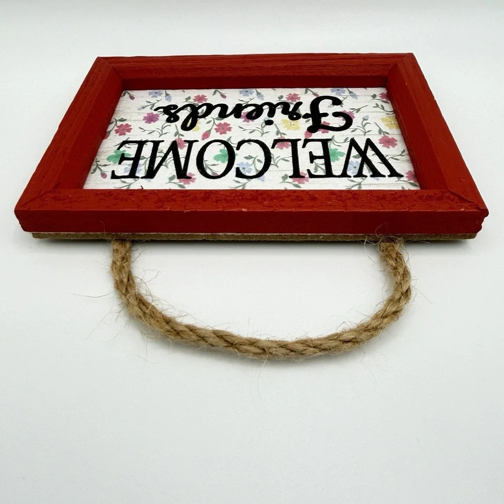 Rustic Welcome Friends Wooden Sign Floral Wall Decor Red Frame‎ Rope Hanging